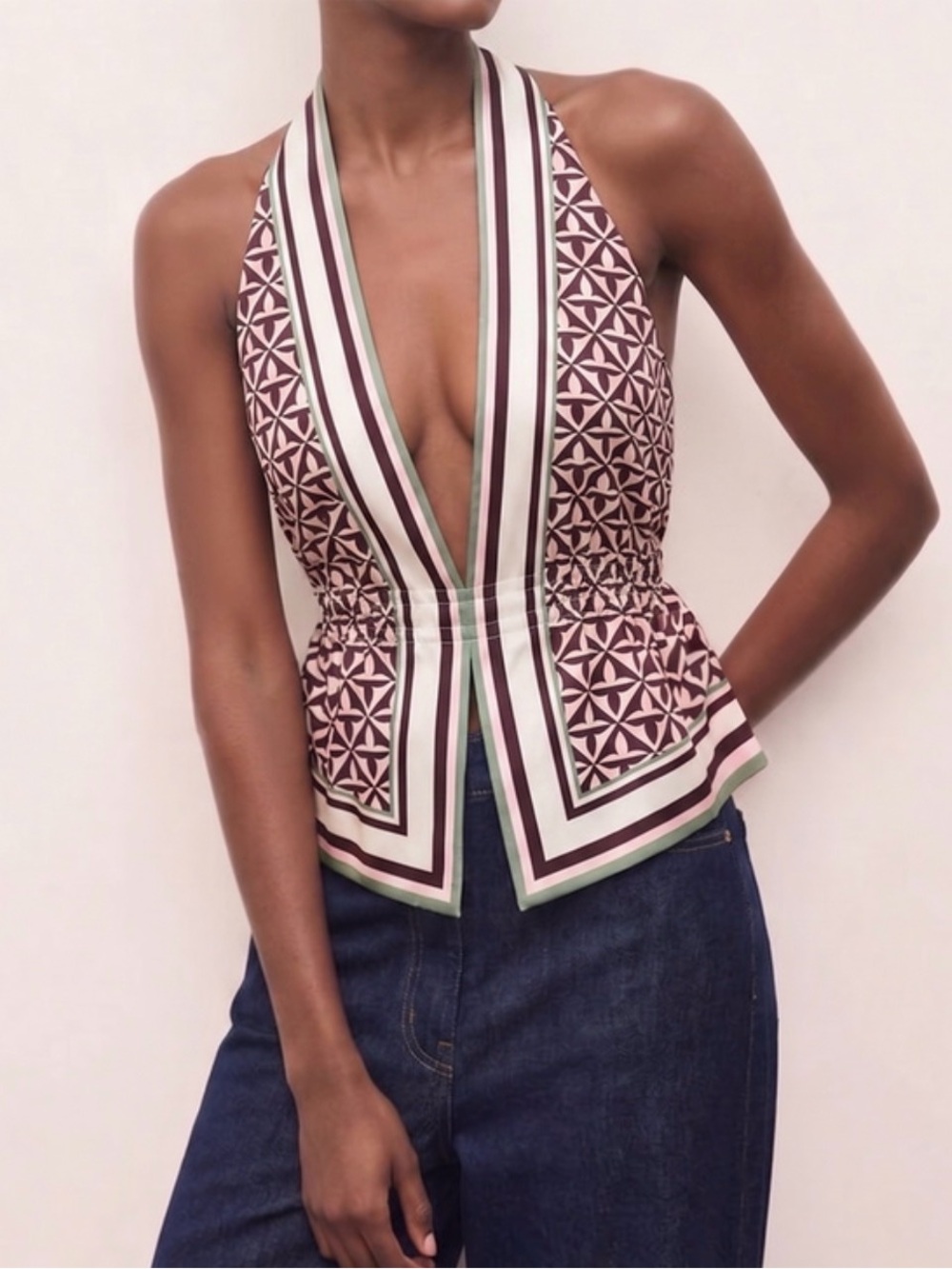 Commense Burgundy Geometric Halter Peplum Camisole